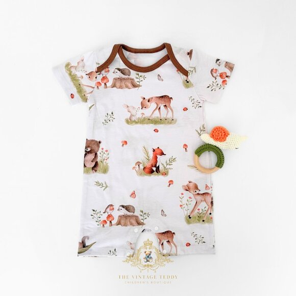NWT Adorable Baby One-piece Sleep N' Play Rompers Woodland Animals Brown 0-3M - Picture 1 of 2